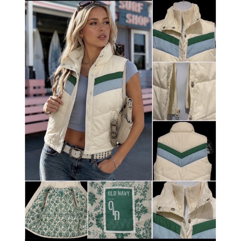 Vintage 2006 Old Navy Women Puffer Vest L White Green Blue Colorblock Y2K Ski